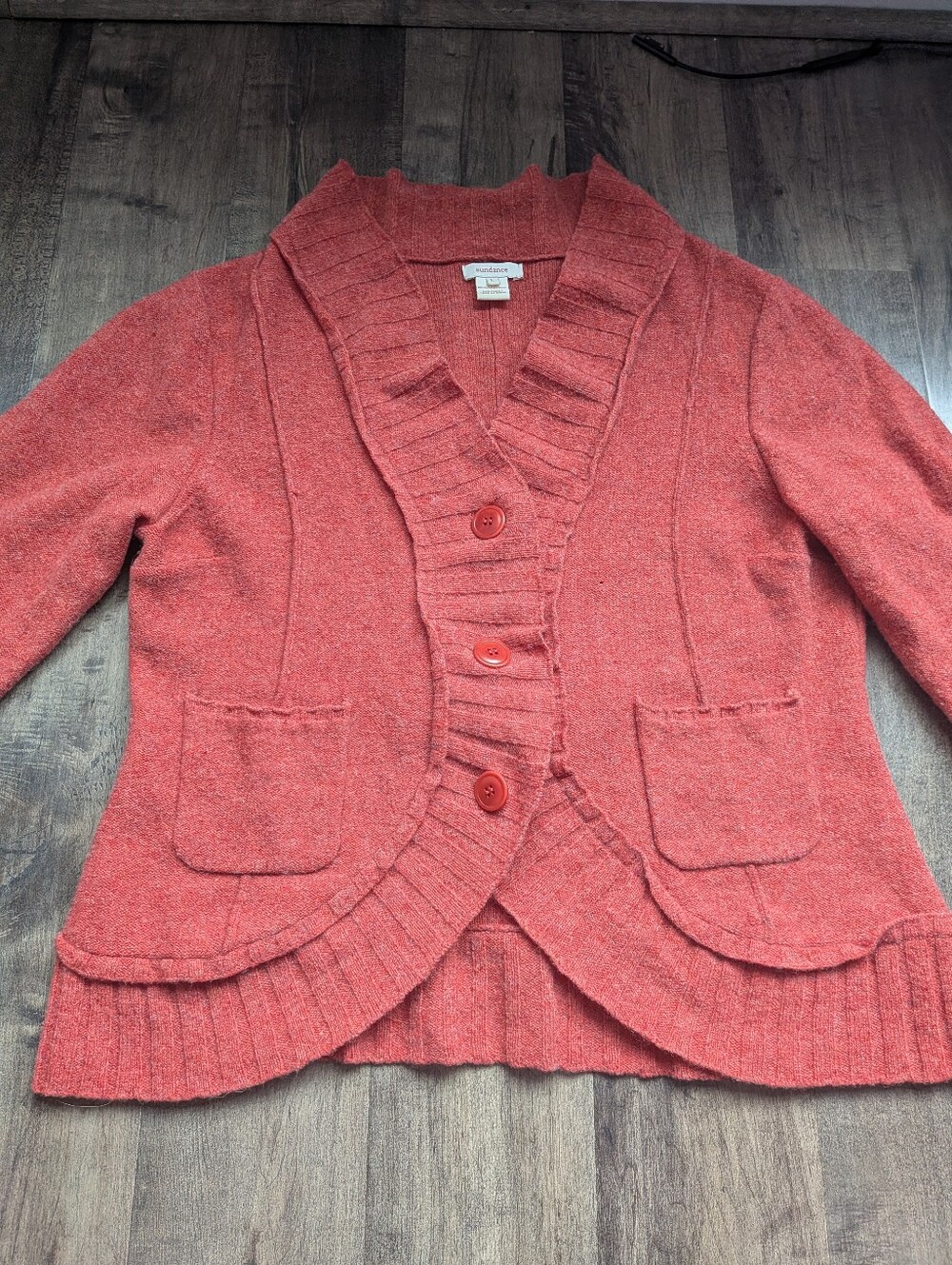 Sundance Women's Lambswool Ruffle Shawl Collar Knit Cardigan Sweater Orange L TL